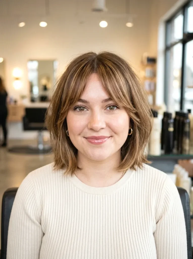 Woman with a round face wearing a bob with curtain bangs showing soft face-framing vertical lines