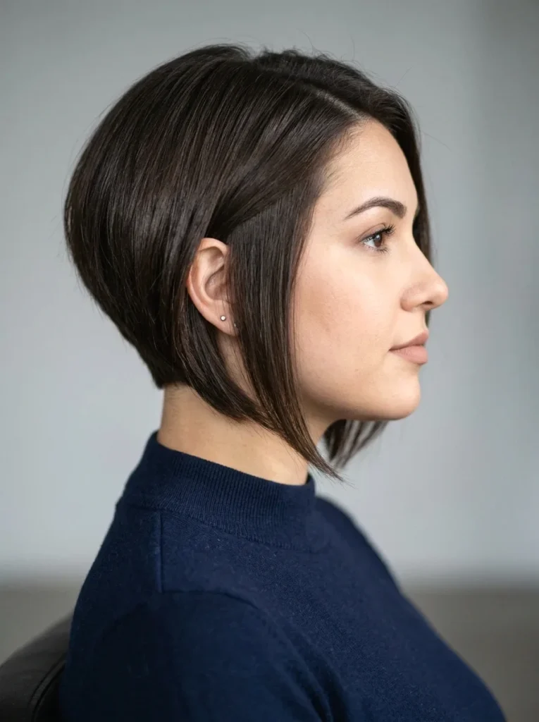 Woman with a round face wearing an inverted bob showing longer front pieces and shorter graduated back