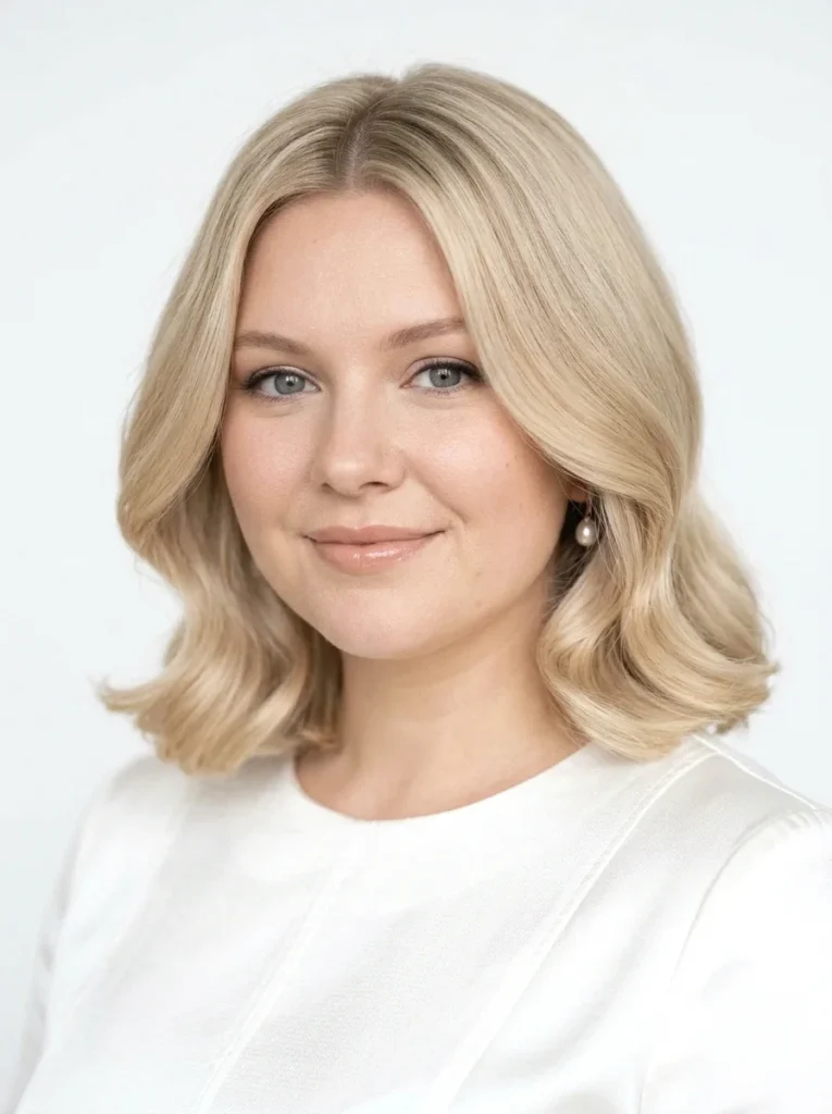 Woman with a round face wearing an Italian bob showing below-chin length and platinum blonde shine