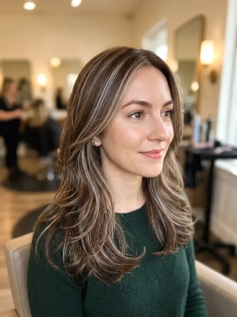 Woman with chestnut brown hair and feathered silver highlights showing soft layered color blend