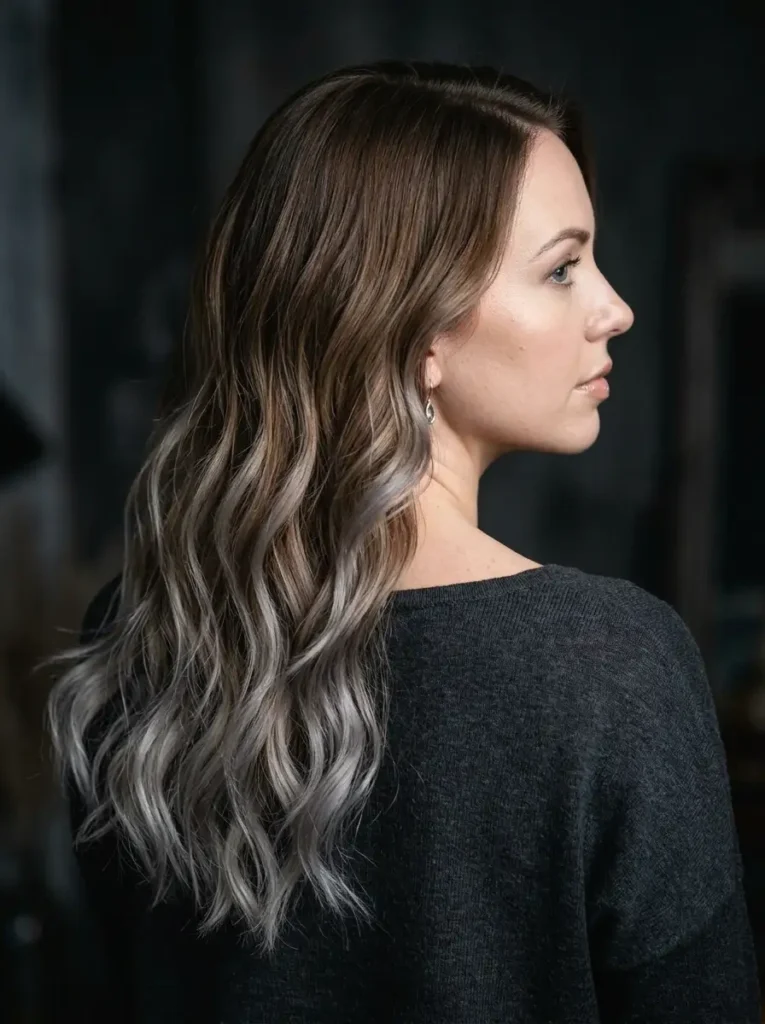 Woman with brown balayage and smoky silver ends showing sophisticated dimensional color blend