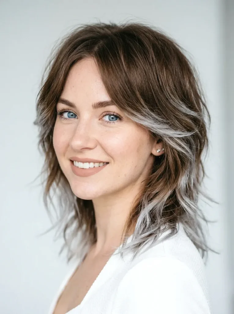 Woman with a medium brown shag and silver tips showing dimensional layered color ends