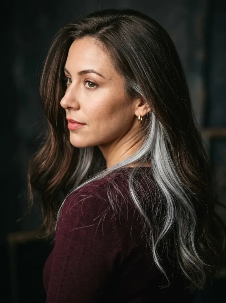 Woman with long brown hair and silver peekaboo highlights showing hidden dimensional color