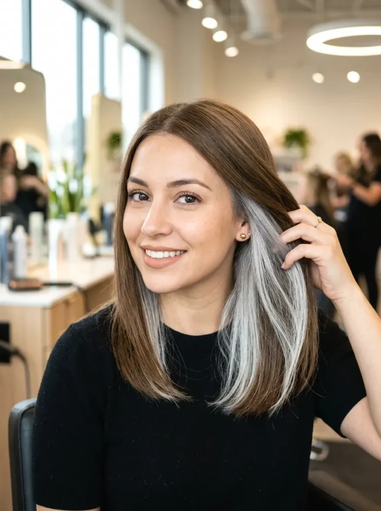 Woman with brown straight hair and silver underlights showing hidden color reveal beneath