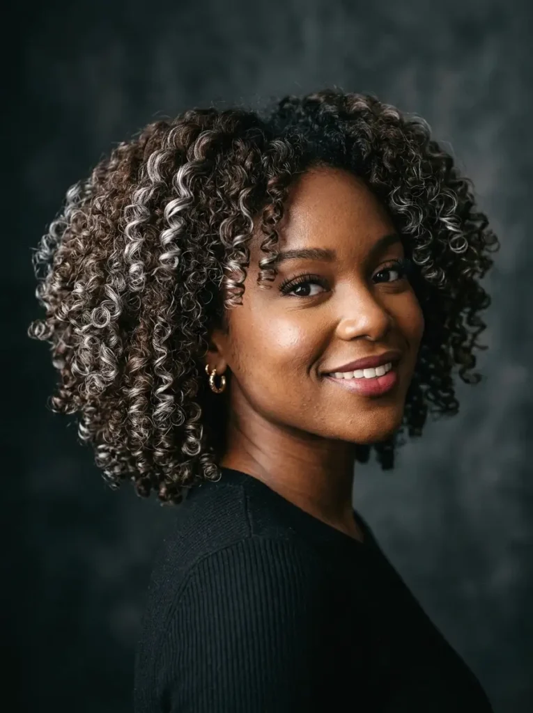 Woman with a brown curly bob and silver edge highlights showing defined curl contrast