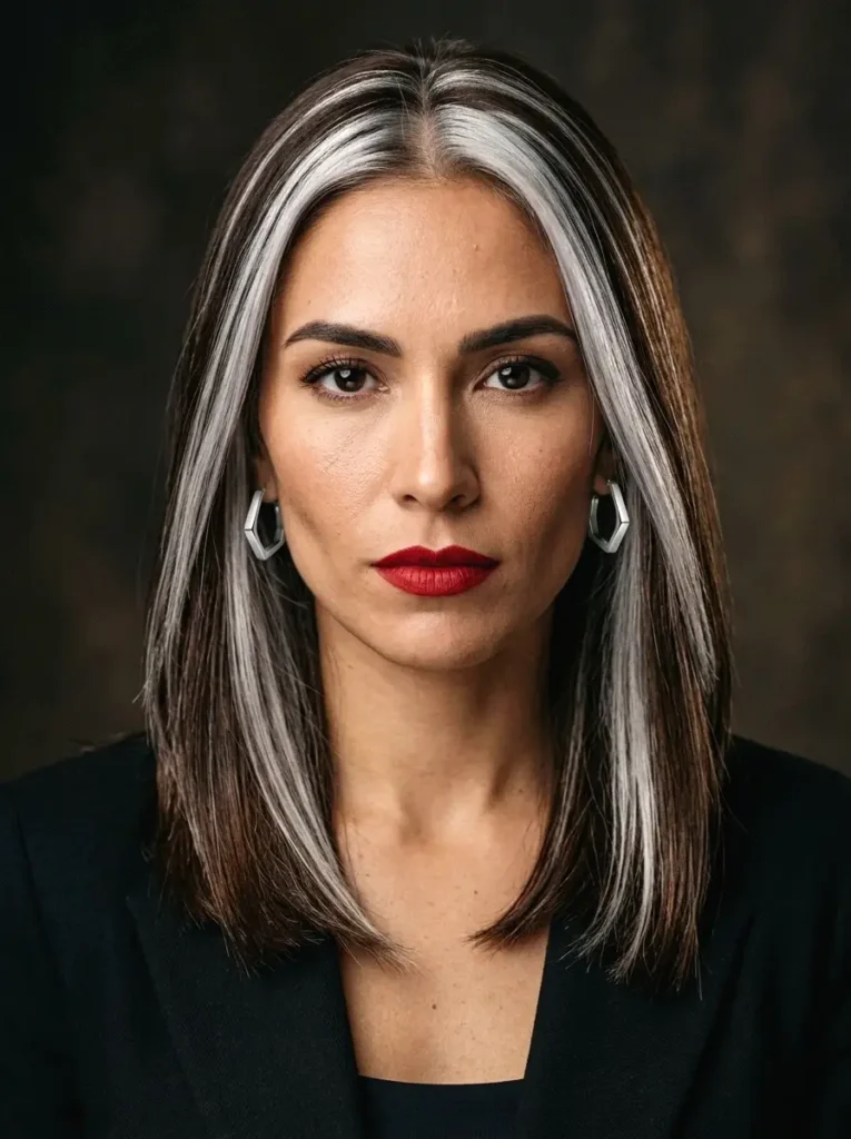 Woman with mocha brown hair and bold silver streaks showing strong contrast editorial color