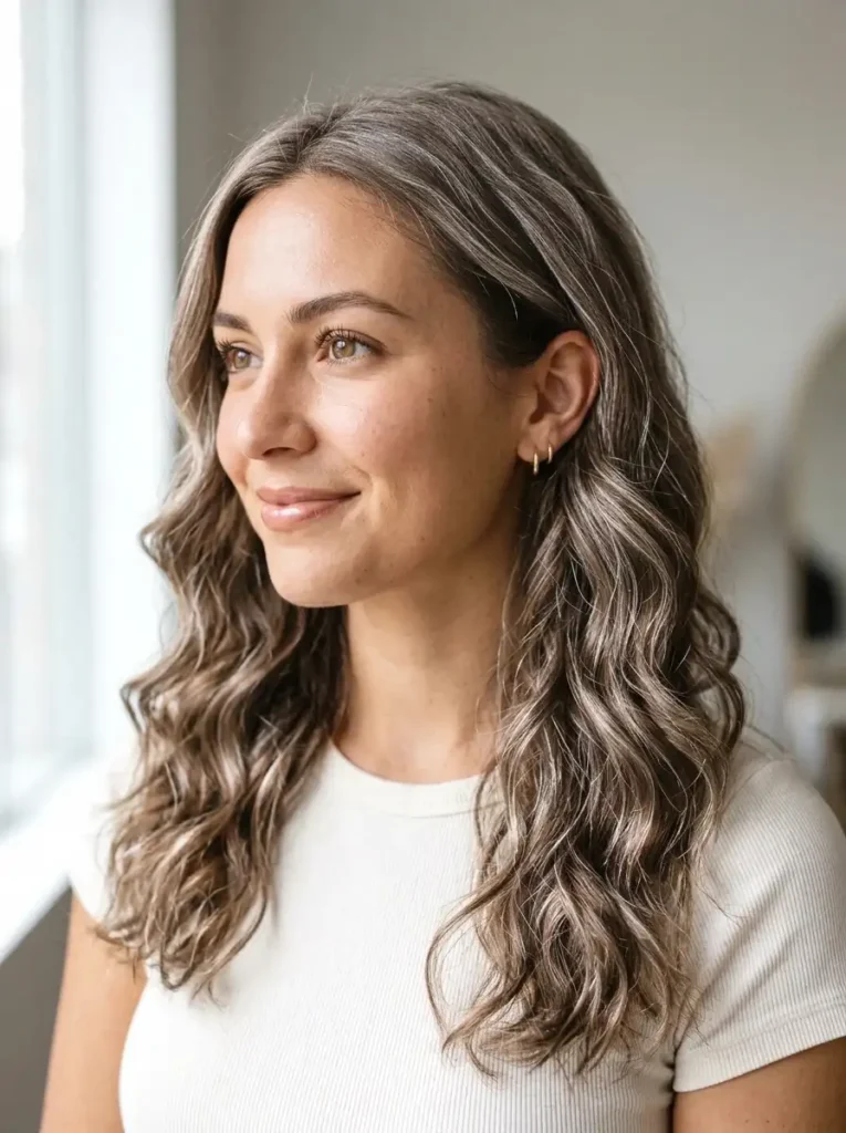 Woman with brown wavy hair and silver babylights showing delicate natural shimmer throughout