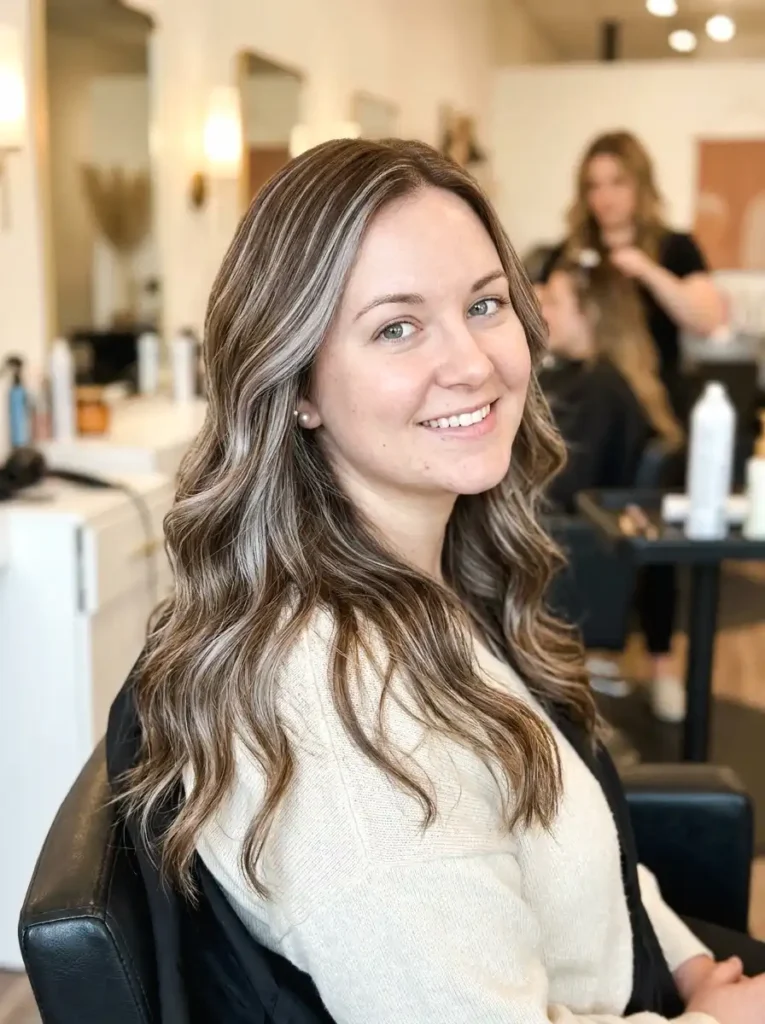 Woman with warm brown hair and soft silver foil highlights showing even dimensional color spread