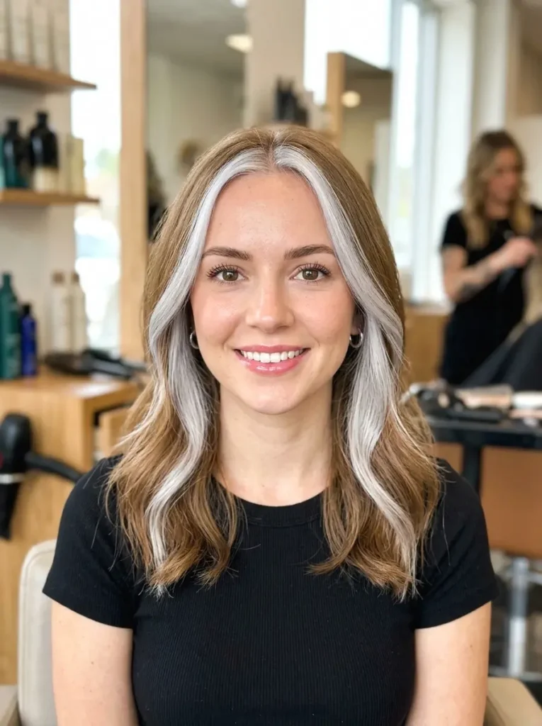Woman with light brown hair and silver money piece highlights showing bold face-framing sections