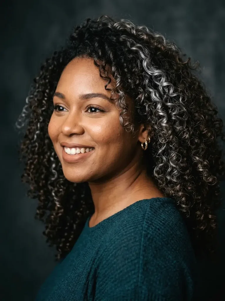 Woman with dark brown curls and silver accent highlights showing dimensional curl definition