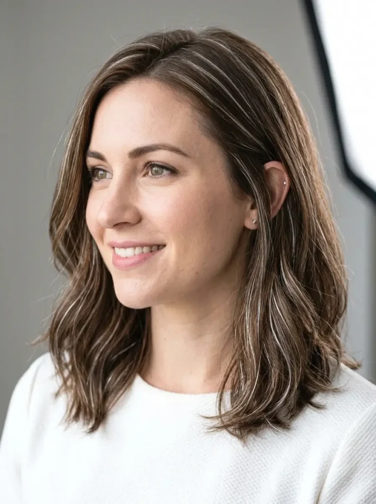 Woman with a medium brown lob featuring thin silver ribbon highlights throughout the hair