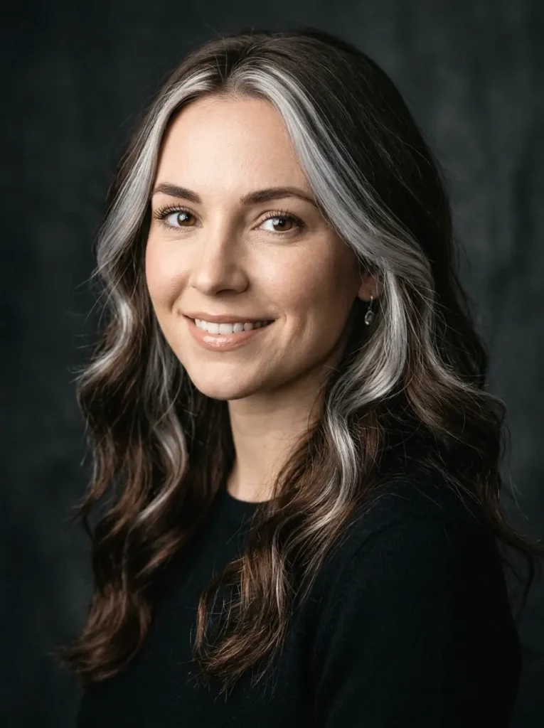 Woman with soft brown waves and silver face-framing highlights showing dimensional color contrast