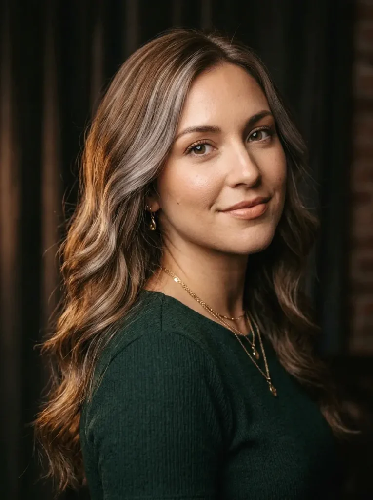 Woman with caramel brown hair and soft silver veiling showing warm and cool dimensional balance