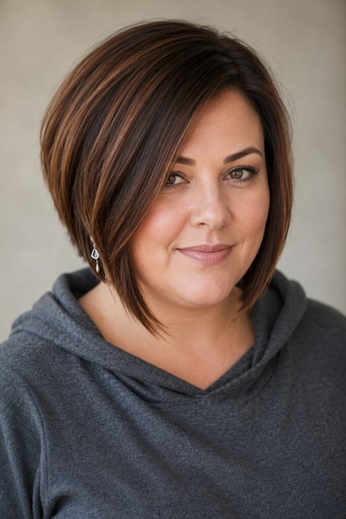 Woman with angled bob featuring longer front sections and a deep side part