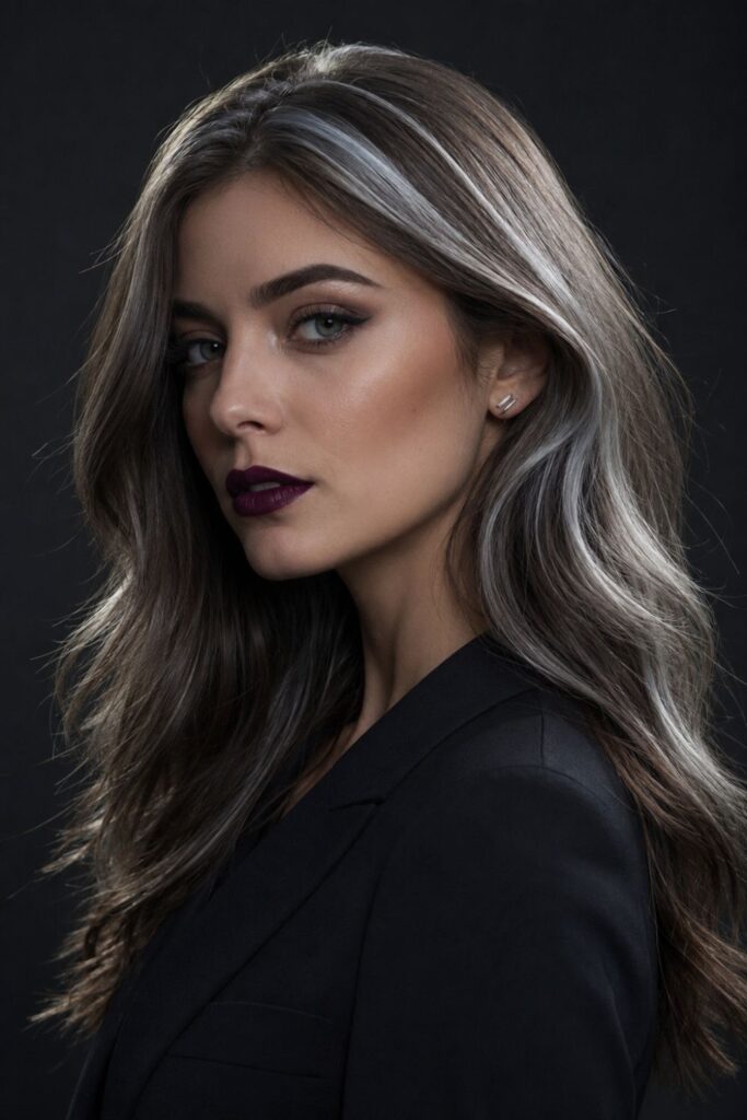 Woman with ash brown hair and cool silver streaks showing natural cool-tone color blend