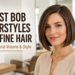 A woman with a sleek chin-length bob hairstyle for fine hair, showing natural volume and healthy texture in a bright modern salon setting. The featured image represents stylish bob hairstyles that help fine hair look fuller.