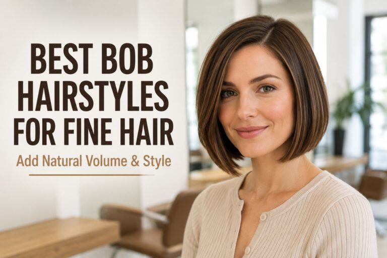 A woman with a sleek chin-length bob hairstyle for fine hair, showing natural volume and healthy texture in a bright modern salon setting. The featured image represents stylish bob hairstyles that help fine hair look fuller.