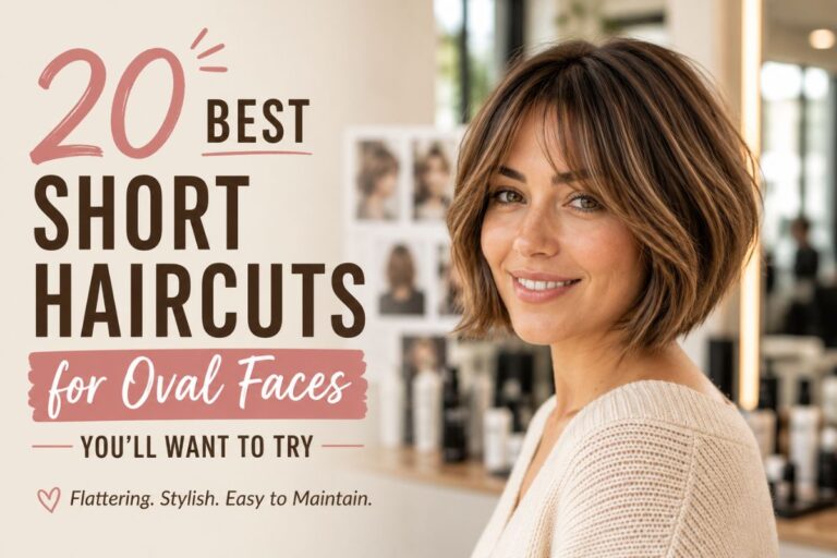 Woman with an oval face wearing a chin-length layered bob with curtain bangs, one of the best short haircuts for oval faces.