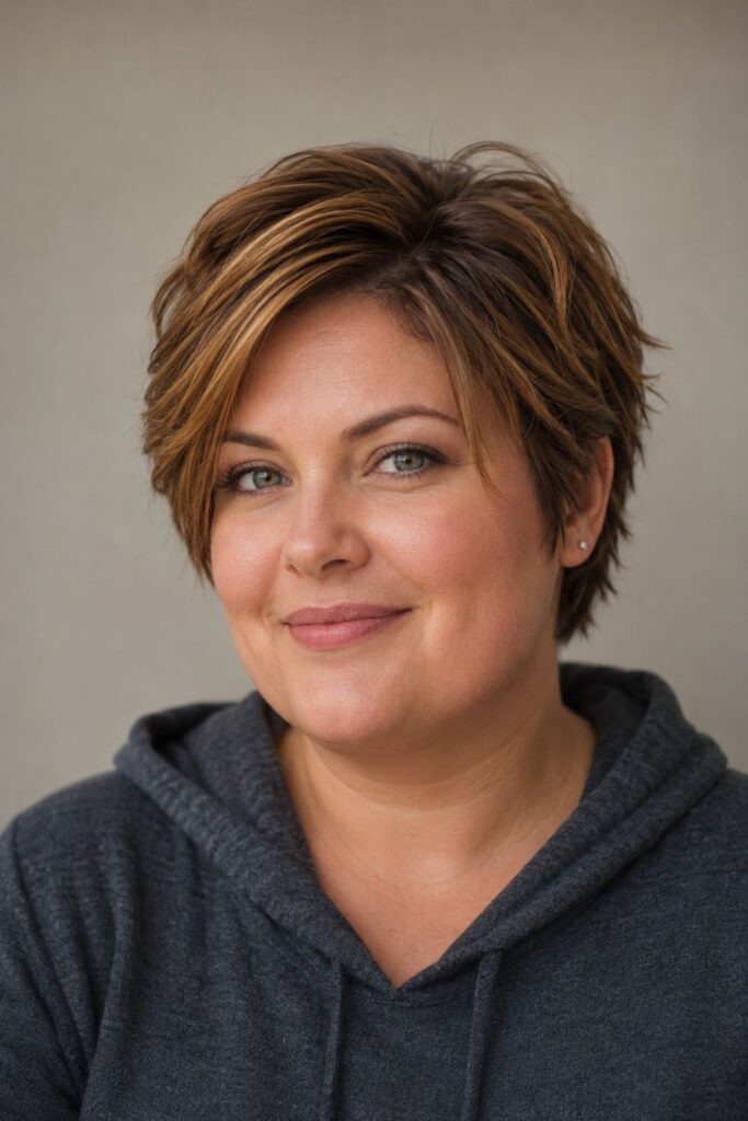 Woman with bixie cut featuring crown height and caramel-brown highlights