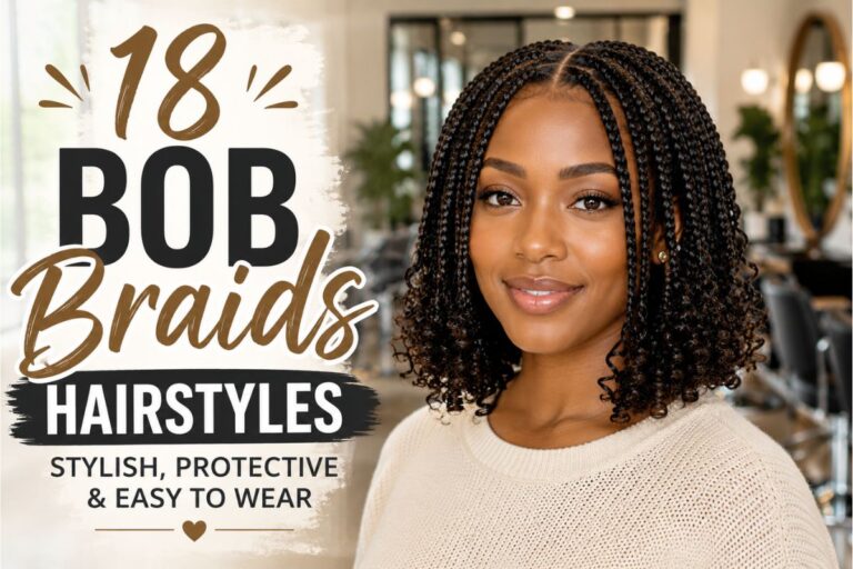 Beautiful Black woman with stylish bob braids hairstyle featuring neat knotless braids and soft curled ends in a bright salon setting.
