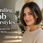 A beautiful American woman with a sleek chin-length classic bob hairstyle and healthy glossy brunette hair, wearing a neutral beige sweater, photographed in soft natural daylight against a bright modern salon background. The image highlights one of the most stylish bob hairstyles with smooth texture, face-framing shape, and a polished finish, representing modern bob haircut ideas for women.