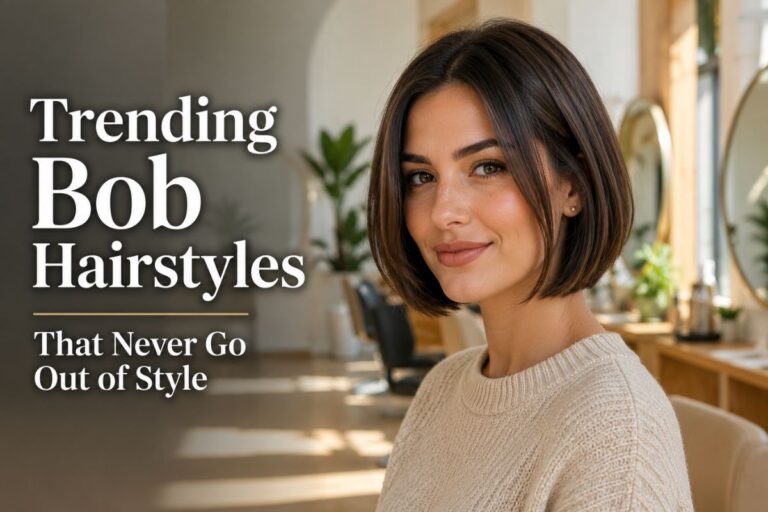 A beautiful American woman with a sleek chin-length classic bob hairstyle and healthy glossy brunette hair, wearing a neutral beige sweater, photographed in soft natural daylight against a bright modern salon background. The image highlights one of the most stylish bob hairstyles with smooth texture, face-framing shape, and a polished finish, representing modern bob haircut ideas for women.