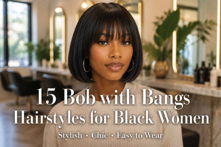 Beautiful African American woman with a sleek chin-length bob haircut and soft full bangs inside a luxury hair salon, showcasing stylish bob with bangs hairstyles for Black women.