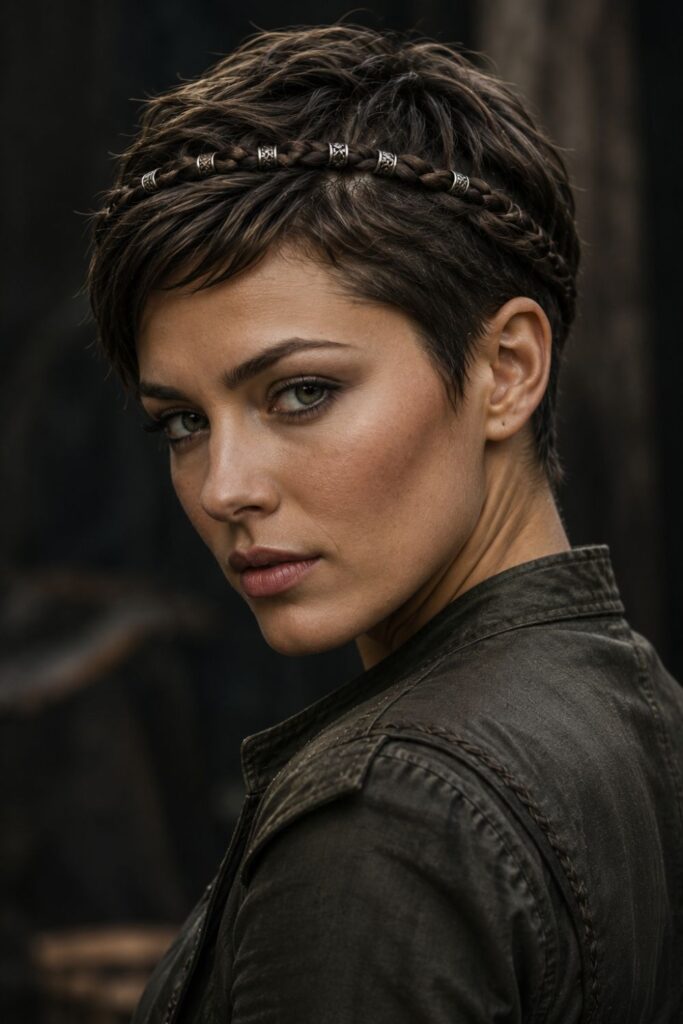 Woman with a braided crown pixie featuring a thin crown braid and silver ring accessories