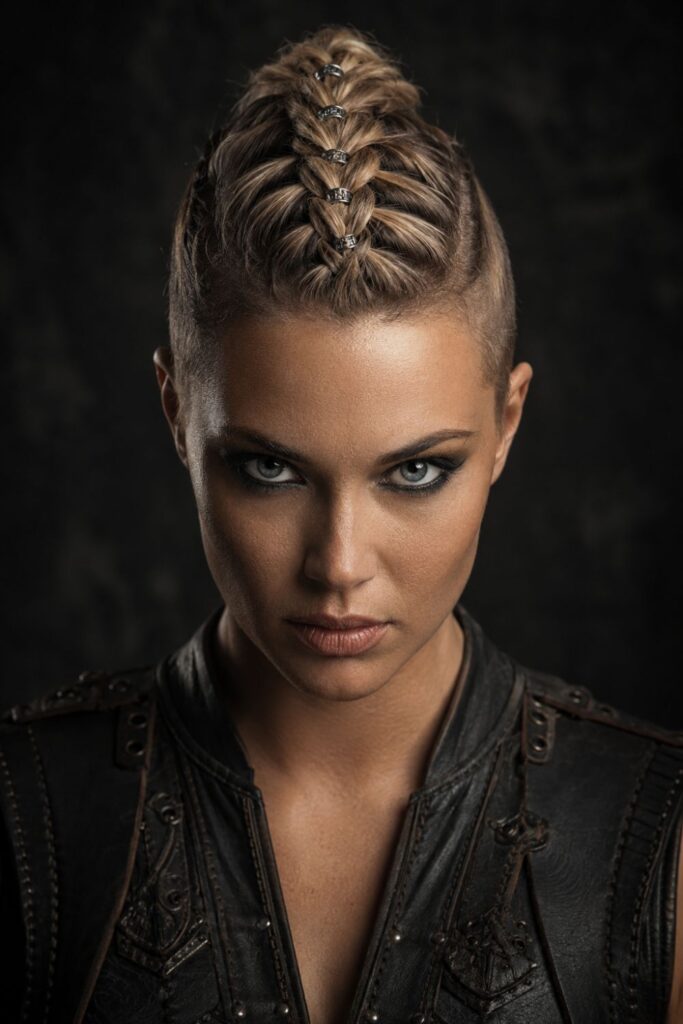 Woman with a braided Viking mohawk featuring a tight center Dutch braid and metal cuffs