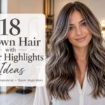 A woman with long chocolate brown hair featuring soft silver highlights styled in loose waves inside a bright luxury salon, showing a modern brunette hair color with natural dimension.