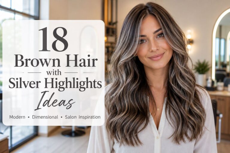 A woman with long chocolate brown hair featuring soft silver highlights styled in loose waves inside a bright luxury salon, showing a modern brunette hair color with natural dimension.