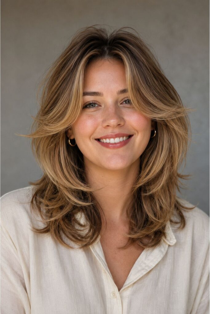 Woman with a butterfly haircut showing bouncy layered volume and honey-blonde highlights on medium-length hair