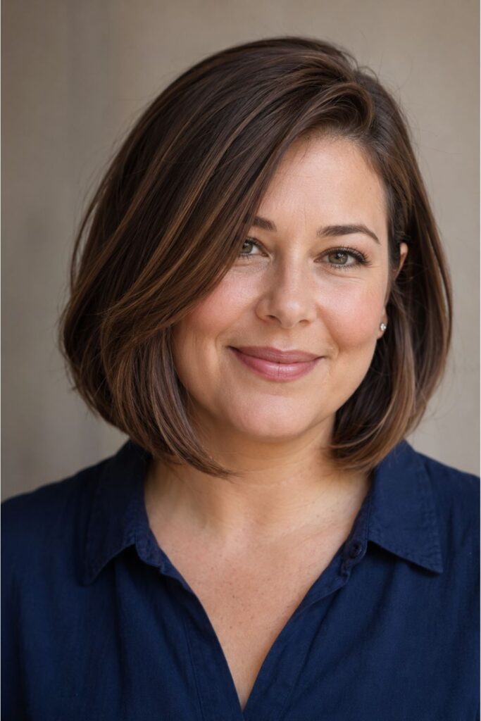 Woman with chin-length bob featuring longer front pieces and a deep side part