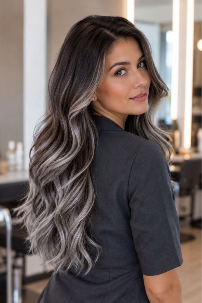 Woman with chocolate brown hair and seamless silver balayage showing smooth root to tip transition