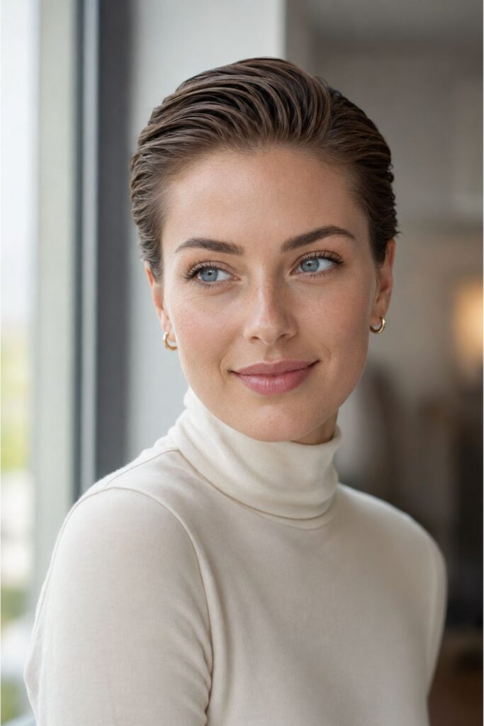 Woman with a classic slick back pixie featuring smooth brushed-back hair and a polished finish