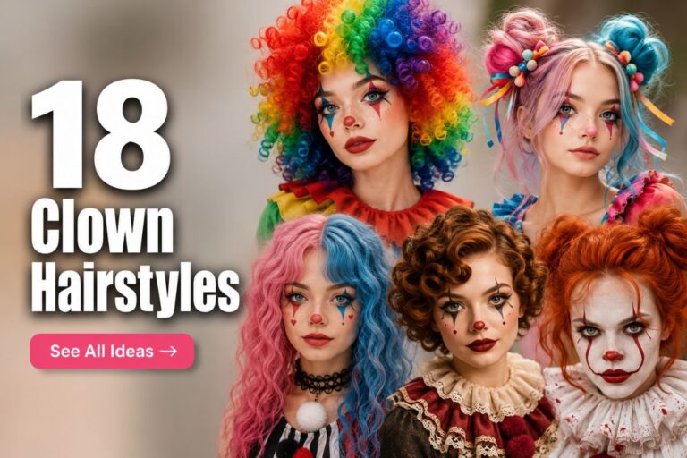 Collage featuring colorful clown hairstyles including rainbow curls, space buns, split dye hair, vintage circus curls, and Halloween clown hairstyle ideas.