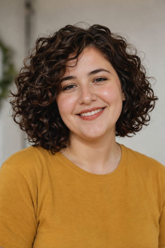 Woman with curly bob featuring defined curls and dark-brown color