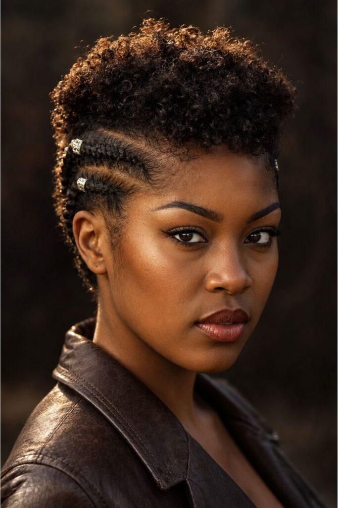 Woman with a curly Viking crop featuring tight side braids and silver cuffs on natural coils