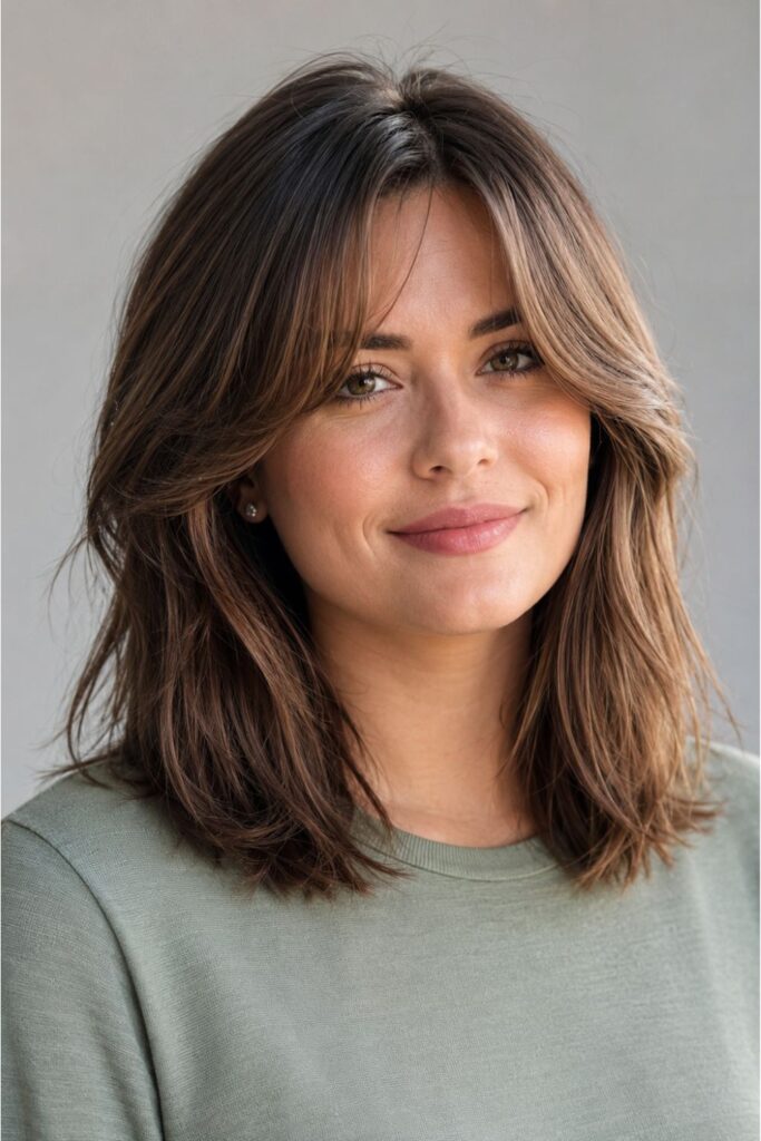 Woman with curtain bangs and soft face-framing layers in ash-brown medium-length hair