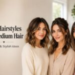 Three women with shoulder-length medium hair showcasing a soft wavy lob, a half-up half-down twist, and a sleek straight lob with curtain bangs, representing cute hairstyles for medium hair with the title "Cute Hairstyles For Medium Hair – 15 Easy & Stylish Ideas."