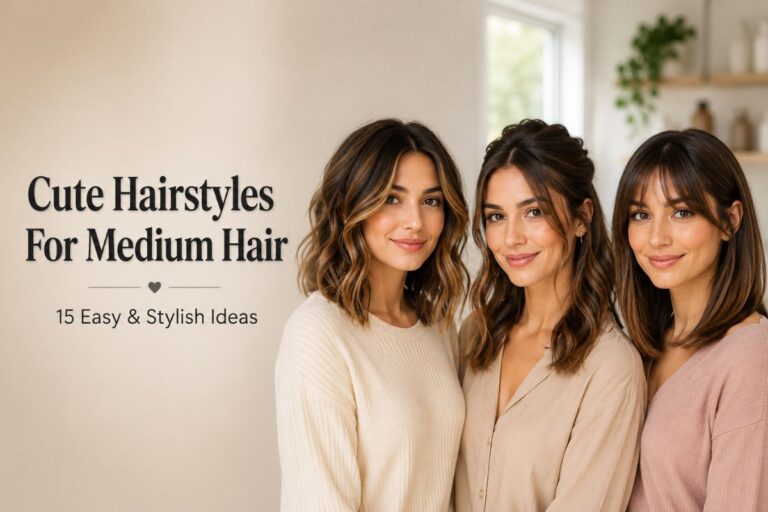 Three women with shoulder-length medium hair showcasing a soft wavy lob, a half-up half-down twist, and a sleek straight lob with curtain bangs, representing cute hairstyles for medium hair with the title "Cute Hairstyles For Medium Hair – 15 Easy & Stylish Ideas."