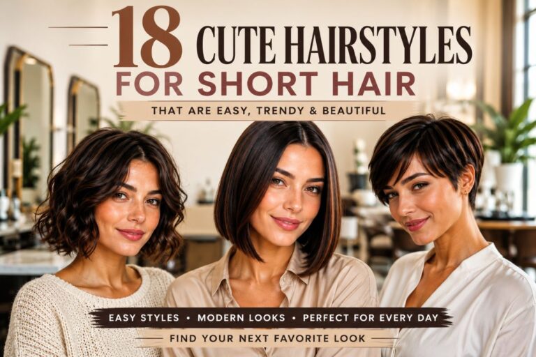 Cute hairstyles for short hair featuring a French bob, pixie cut, and Italian bob in a luxury salon.