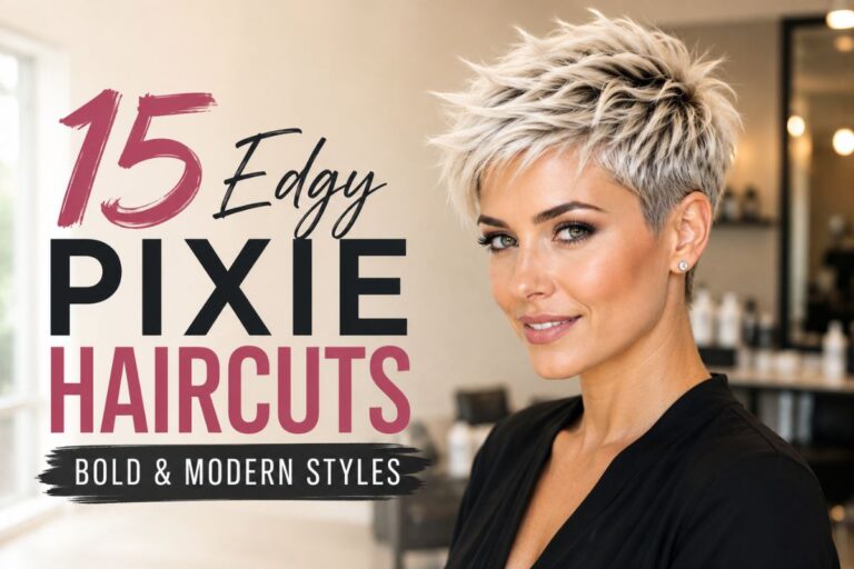 Woman with a modern edgy pixie haircut featuring textured layers and platinum blonde hair