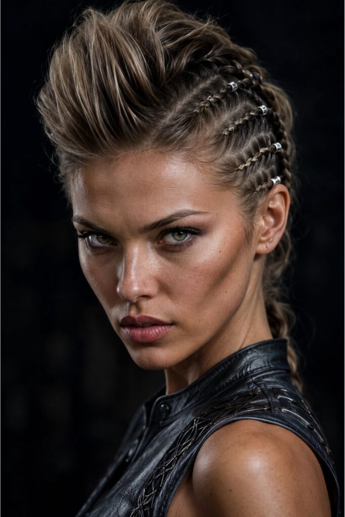 Woman with a faux hawk and Viking side braids featuring metal cuffs and a textured center