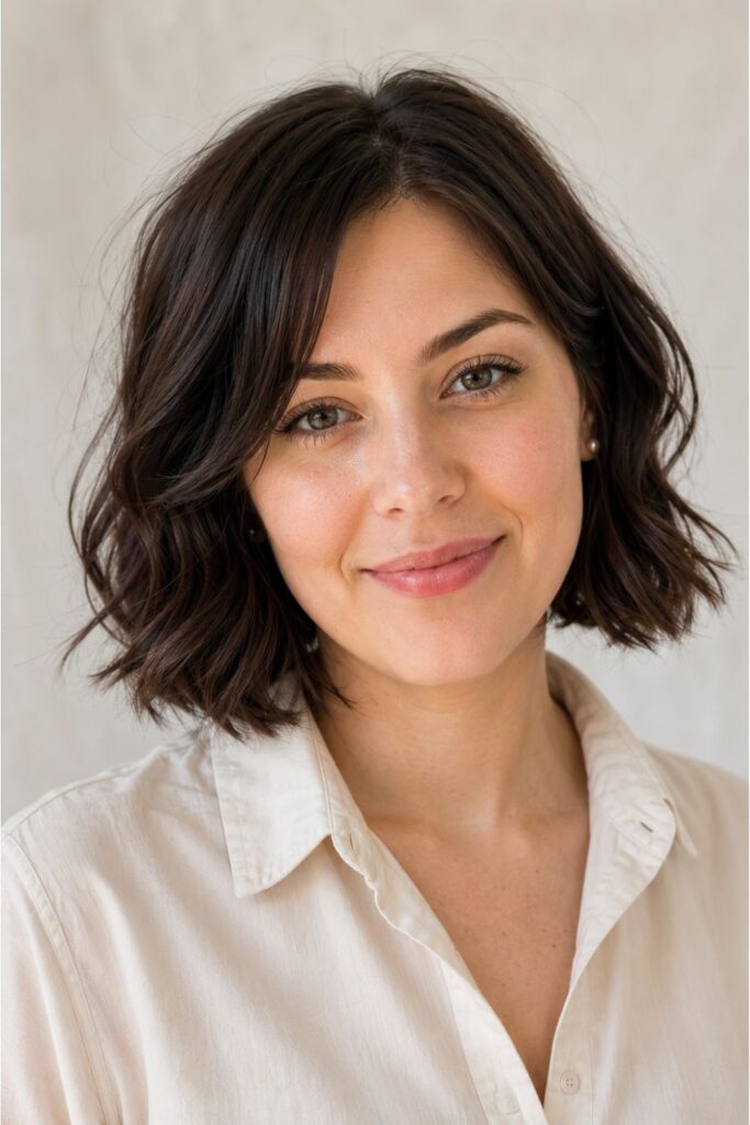 Woman with French bob featuring soft loose waves and espresso-brown color