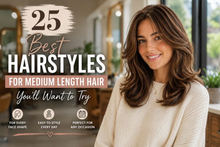 A smiling American woman with soft layered medium-length chestnut brown hair styled in loose waves and face-framing layers, wearing a cream knit sweater in a bright modern salon. The hairstyle shows natural volume, shine, and movement, offering inspiration for stylish hairstyles for medium length hair suitable for different face shapes, hair textures, and everyday wear.