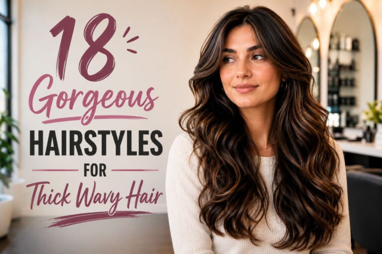 Featured image for 18 gorgeous hairstyles for thick wavy hair showing a woman with long layered waves and a salon background with title overlay.
