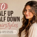 Beautiful woman with a classic half up half down hairstyle featuring soft waves and a twisted crown for everyday and special occasions