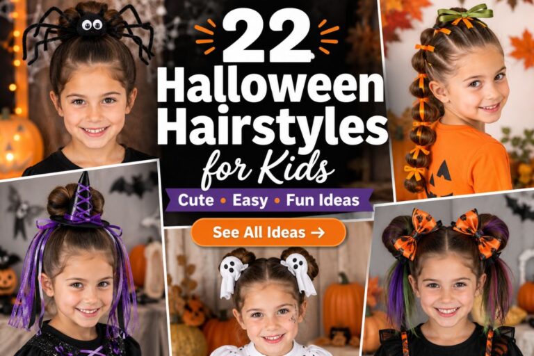 Cute Halloween hairstyles for kids featuring pumpkin buns, spider braids, witch hairstyles, ghost buns, and fun Halloween hair ideas for girls.