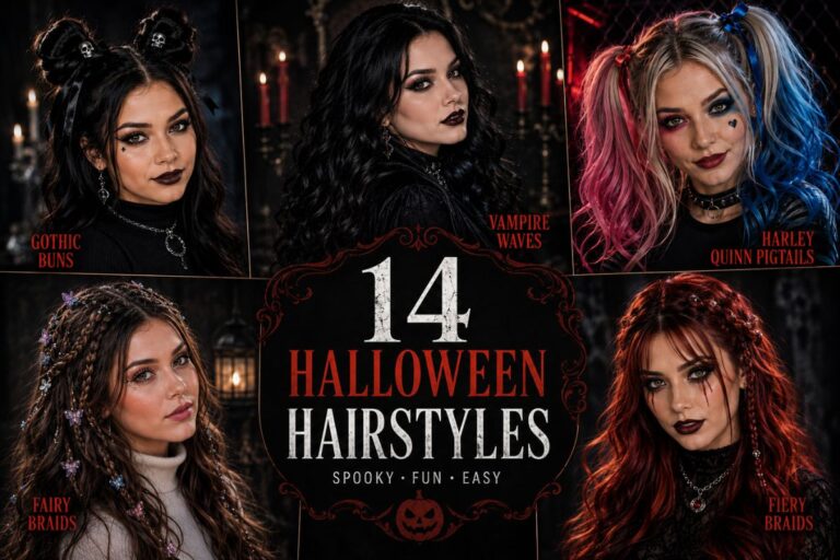Collage of women showing different Halloween hairstyles including vampire waves gothic buns and fairy braids